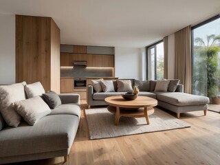 Modern Living Room with Sectional Sofa, Wooden Coffee Table, and Kitchen in Background