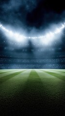 A dramatic stadium scene showcasing a lush green field under bright stadium lights, perfect for sports events or promotions.