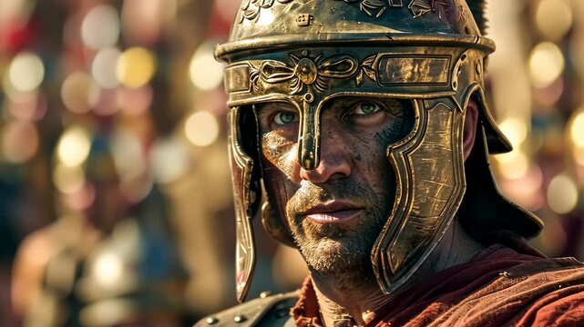 Roman soldier wearing traditional helmet posing on battlefield