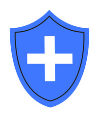 A blue shield with a white cross symbolizing protection and health. Ideal for medical, protection, healthcare, safety, security. Simple, clean style.