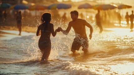 A couple splashes water joyfully on a sunny beach, surrounded by laughter and shimmering waves.