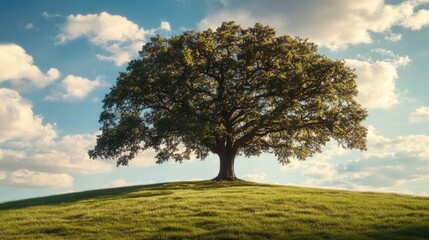 Obraz premium A large oak tree standing alone on a hill, with the sun casting dramatic shadows through the branches. Focus on the treeas shape. No people.