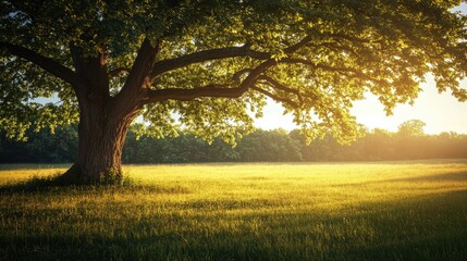 A large tree in an open field, casting dramatic shadows in the soft light of dawn. Focus on the natural light and tree. No people.