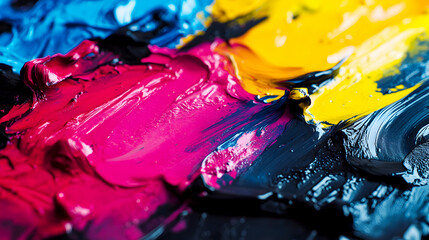 CMYK inks being mixed on a palette, showing the gradual blending of cyan, magenta, yellow, and black