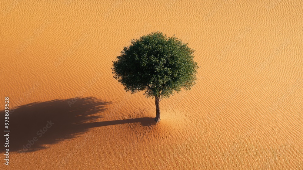 Wall mural A lone tree in a desert landscape, with the sun casting sharp shadows on the sand. Focus on the stark contrast of light and shadow. No people.