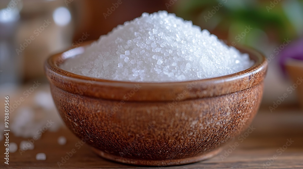 Poster white sugar in a brown round serving bowl isolated on white background : generative ai
