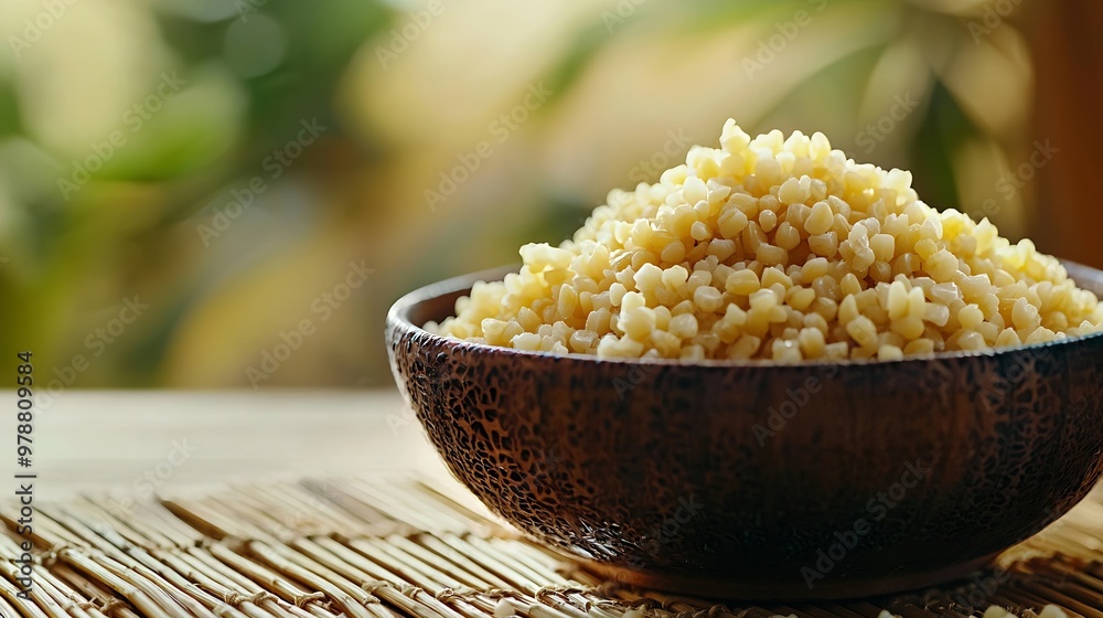 Poster cleaned millet in a serving bowl on a bamboo mat : generative ai
