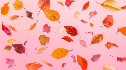 Obraz premium Colorful autumn leaves float in mid-air against a pink background. It looks like they're defying gravity!