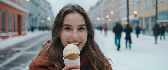 A happy young girl eating ice-cream in winter city. AI generated
