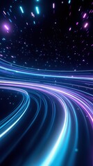 Abstract digital background with vibrant light trails and glowing particles, creating a sense of speed and motion in a cosmic space.