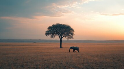 A solitary tree in a wide open plain, with the shadow of an elephant cast alongside it under the fading light of the sunset. Focus on the soft shadows. No people.