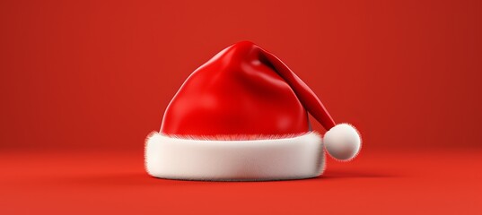 A bright red Christmas hat displayed on a vibrant red background for holiday celebrations