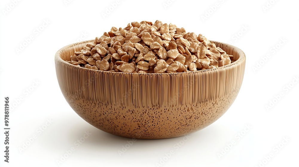 Poster buckwheat cereal in a round bamboo serving bowl isolated on white background : generative ai