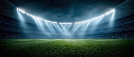 Illuminated stadium field under dramatic lighting, perfect for sports events or night games with vibrant green grass.