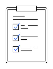 Minimalistic clipboard with three checkmarked lines, black outlines, and blue highlights. Ideal for progress tracking, to-do lists, task management, business planning, and goal setting.