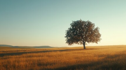 Fototapeta premium A tall tree in a wide field, its shadow extending toward the horizon as the sun sets. Focus on the interplay of light and shadow. No people.