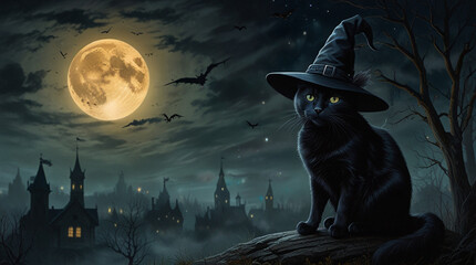 Black cat wearing witch hat with full moon in the background, Halloween or Friday the 13th concept.