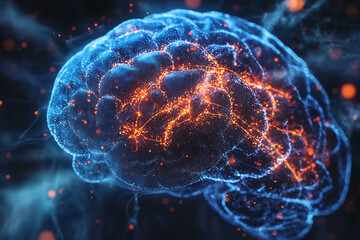 A glowing, abstract representation of a human brain with neural connections illuminated.