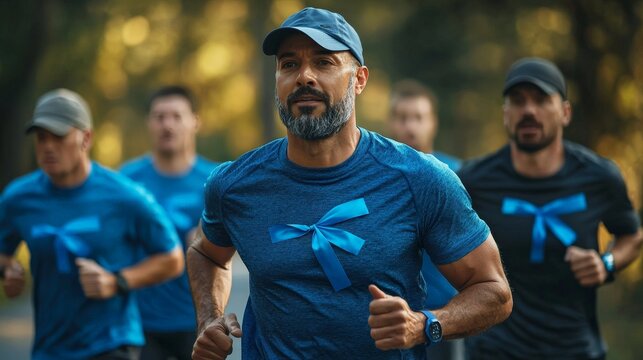 Men running outdoors for Prostate Cancer Awareness with blue ribbons - Powered by Adobe