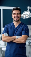 Smiling male doctor in scrubs, standing confidently in a dental clinic, showcasing professionalism in healthcare settings.