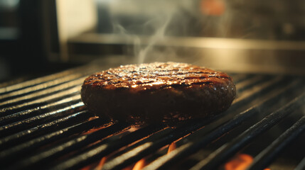 A plant based burger sizzling on grill, releasing delicious steam