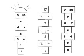 Hopscotch chalk doodle drawing, street Jumping game kids activity. Hop scotch with numbers. Summer outdoor fun. 
