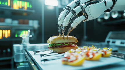Obraz premium A robotic arm skillfully assembles delicious sandwich in modern kitchen