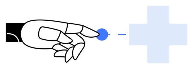 Robotic hand pointing to a blue dot connected to a pale blue medical cross. Ideal for technology, healthcare innovation, medical robotics, futuristic medicine, digital health. Minimalistic, modern, ve
