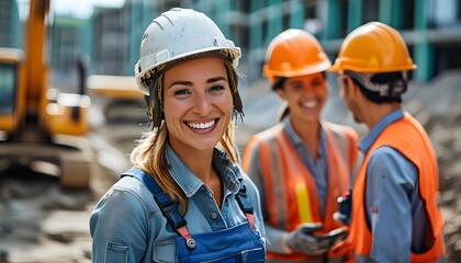 Joyful female worker collaborates with colleagues at a construction site, highlighting teamwork and positivity in a dynamic work environment