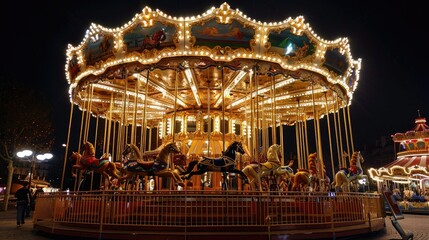 Children's Carousel at an amusement park in the evening and night illumination. amusement park at night. amusement park
