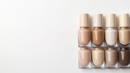 Neutral color nail polish bottles on a white background,Creative flat lay of fashion bright nail polishes,Minimal style,Nude tones color,Beauty blogger concept,beauty,fashion,Copy space.