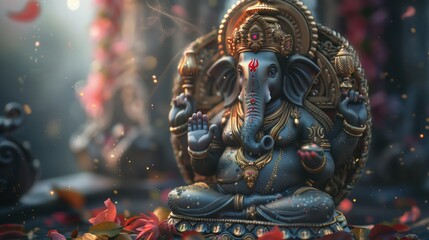 Obraz premium Detailed and Realistic Full-Body Portrait of Lord Ganesha in a Traditional Pose Surrounded by Flowers
