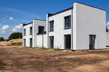 Two-storey cottage. Flat roof house modern. Classic, high-class steel roof 