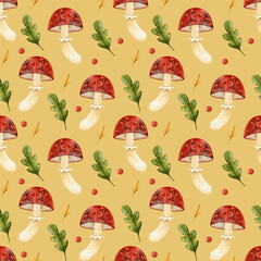 Forest watercolor pattern. Cute pattern with fly agarics. Ideal for greeting card, fall decor. Hand drawn watercolor images in cartoon style. Halloween decor. 