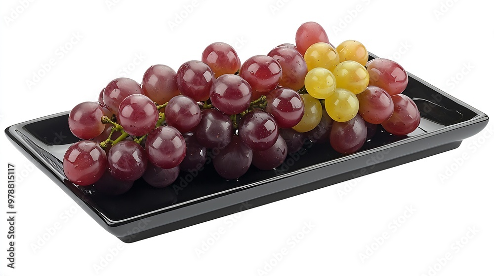 Poster branch of ripe grapes on black plate isolated on white background : generative ai