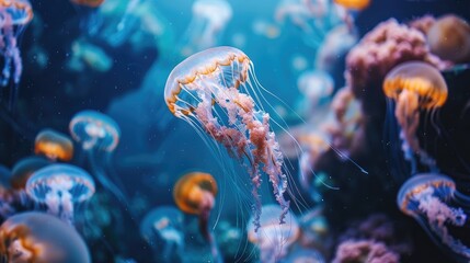 Colorful Jellyfish underwater, Jellyfish moving in water. Beautiful light reflection on Jellyfish 