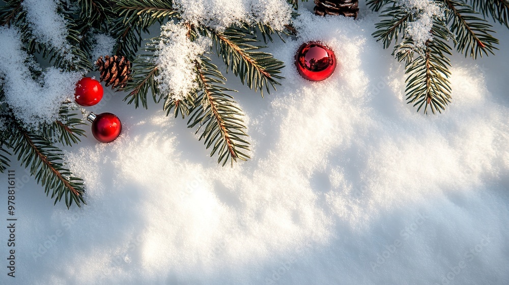 Wall mural christmas tree branch with shadow, snow, and decorations