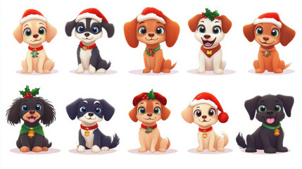 Obraz premium Cute cartoon dogs wearing festive hats and accessories, perfect for holiday cheer!