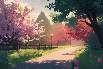 Fototapeta premium A Serene Orchard With Peach Trees In Full Bloom, Gentle Rays Of Sunlight, And A Warm, Inviting Vibe. Cozy Vibe, Generative AI