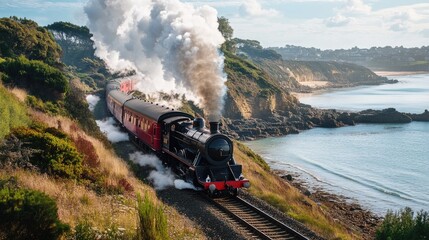 Obraz premium A black and red steam train moves gracefully along the scenic Torquay coast, capturing a moment of historical significance and natural beauty.
