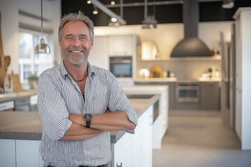A man is standing in a kitchen with a smile on his face. He is wearing a white shirt and black pants. The kitchen is well-equipped with appliances such as an oven, microwave, and refrigerator
