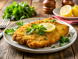 Chicken schnitzel, natural lighting, crispy crust with parsley, lemon and french fries