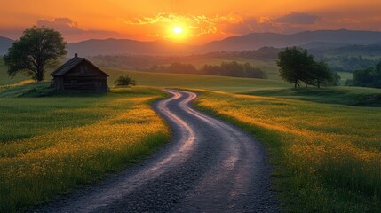 Fototapeta premium A winding wooden road leads to an old house under a vibrant sunset with mountains on the horizon and lush green grass surrounding the landscape