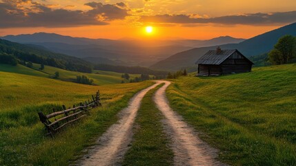 Fototapeta premium The picturesque view features a winding wooden road guiding towards an aging house, bathed in warm sunset light with hills and mountains framing the serene landscape.