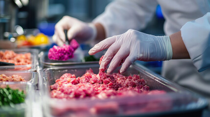 Fresh meat preparation in laboratory setting showcases meticulous work