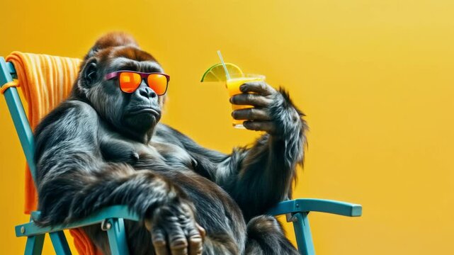 Gorilla Relaxing in Sunglasses with a Cocktail
