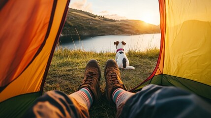 Peaceful lakeside camping with dog at sunrise: scenic tent view
