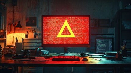 A computer monitor displays a red warning triangle, surrounded by coding and data