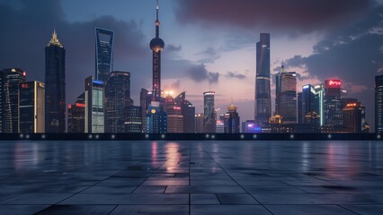 Obraz premium Modern City Skyline with Empty Square at Evening with Illuminated Skyscrapers