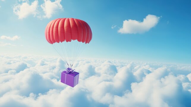 A Box flying on a parachute with pink cloud,vector illustration of package flying down from sky and cloud with parachute, concept for delivery service,shopping online,air delivery service.